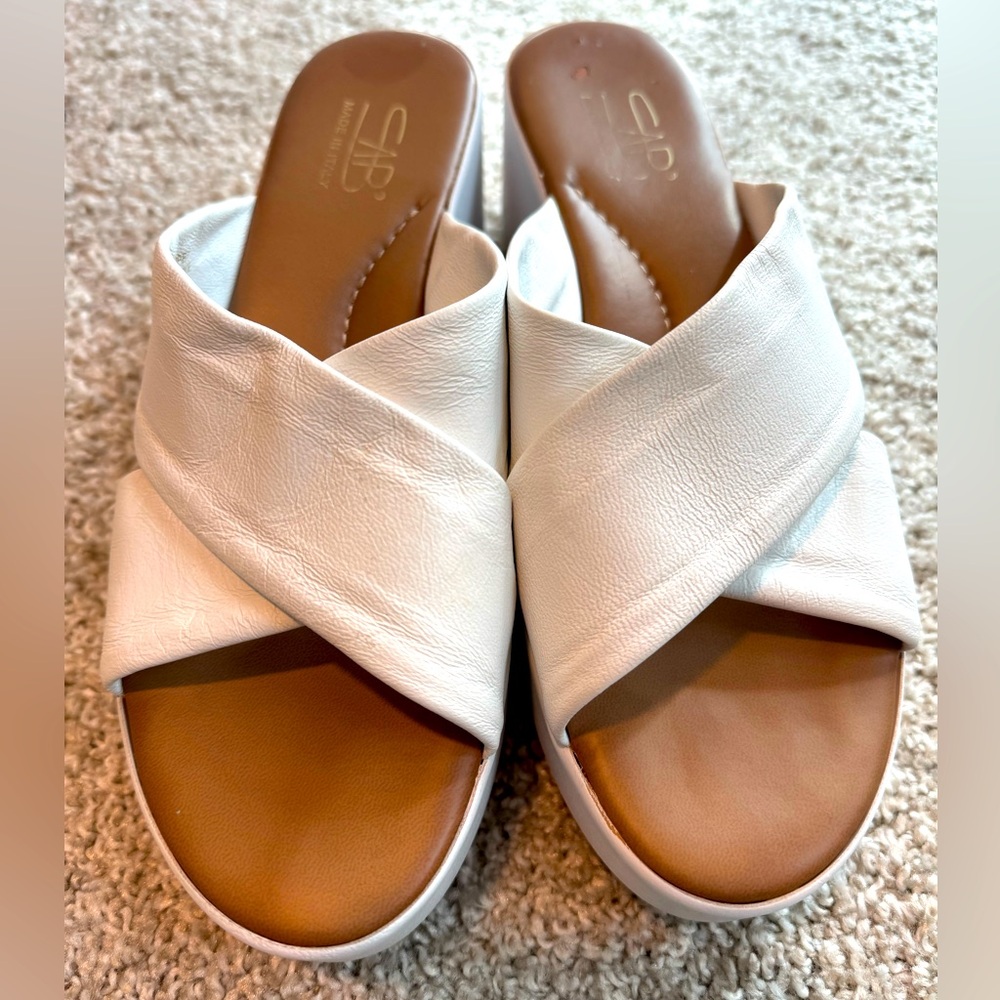 White leather slide wedge sandal